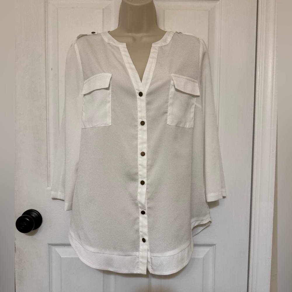 Hawthorn White Sheer Button Front Blouse Small Chiffon Utility Top Pockets - Picture 2 of 8